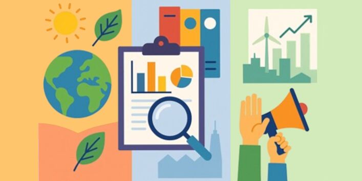 Das Bild zeigt 3 Säulen. In der Ersten Säule ist die Natur abgebildet. In der zweiten sieht man Gesetzestexte/-bücher und Analysen. In der dritten werden ein Megafon eine meldende Hand und ein Diagramm abgebildet.