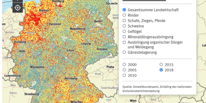 Karte zu Ammoniak-Emissionen der Landwirtschaft