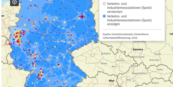 Karte zu Stickstoffdioxid-Belastung in Deutschland 2018