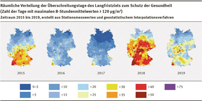 Ozon: Karte: Räumliche Verteilung der Überschreitungstage des Langfristziels zum Schutz der Gesundheit