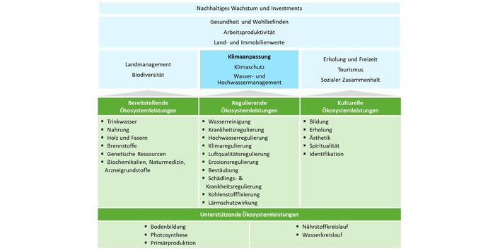 Das Bild zeigt die Zuordnung von Nutzengruppen grüner Infrastruktur zum Ansatz der Ökosystemleistungen. 