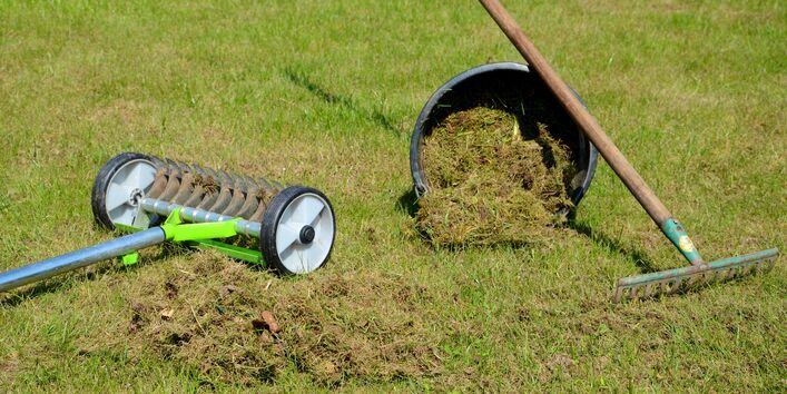Ein Vertikutierer, ein Rechen und ein Eimer auf einem Rasen platziert