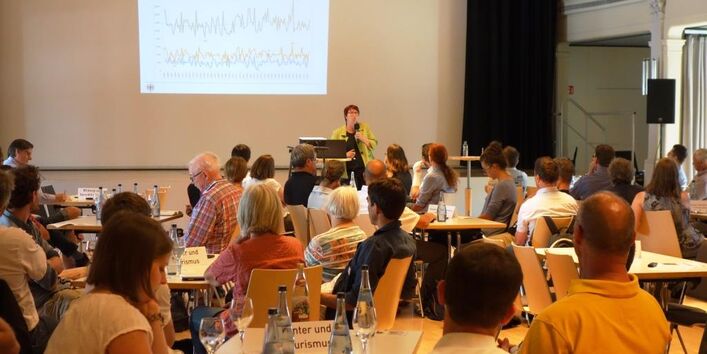 Gudrun Mühlbacher, Leiterin des Regionalen Klimabüros München, berichtet in ihrer Präsentation „Klimawandel in Bayern“ über die Niederschlagssummen in Kempten im letzten Jahrhundert