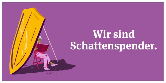 Grafik mit einer lesenden Frau hinter einem Sonnenschutzschild