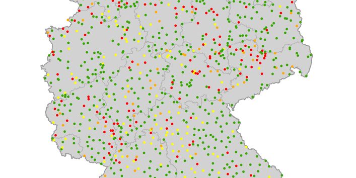 Abbildung 5:Mittlere Nitratgehalte an den Messstellen des EUA-Messnetzes für den Zeitraum 2016-2018