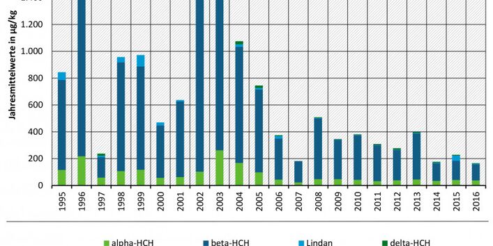 Mittlere jährliche Konzentrationen von Hexachlorcyclohexanen in Schwebstoffen der Mulde bei Dessau