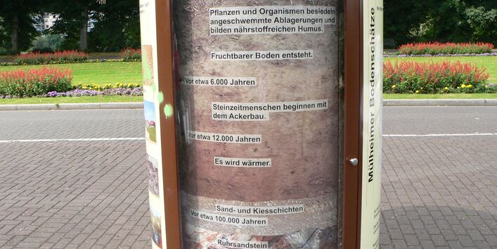 Wasserbahnhof - in einer Litfaßsäule wird die Entstehung von Boden in Zeit und Raum dargestellt.