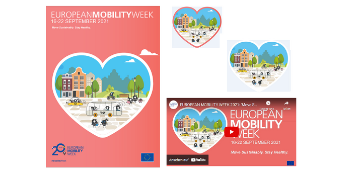 Ein herzförmiger Ausschnitt einer illustrierten Stadt, in der die EMW-Maskottchen nachhaltig unterwegs sind. Es handelt sich um das neue Design zur EMW 2021.