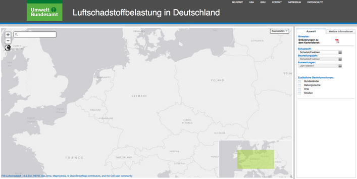 Frontpage der GISU Seite für Luftschadstoffbelastung in Deutschland