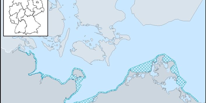 Eine Karte der Ostseeküste. Der relevante Gewässertyp ist dunkel schraffiert.