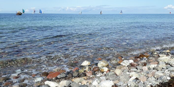 Steinstrand mit Blick auf Segelboote.