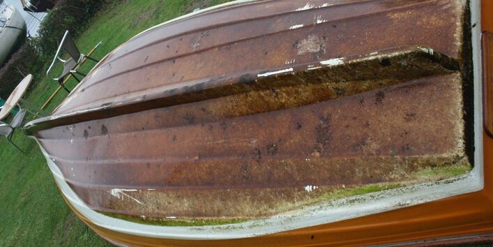 Wakenitz, Motorboot direkt nach dem Auswassern bedeckt mit einem dichten Biofilm