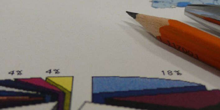 Torten- und Kartengrafik mit aufliegenden Schreibstiften