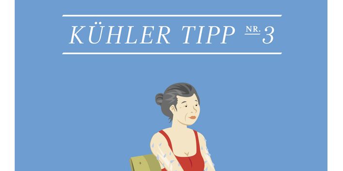 Grafik einer Dame die auf einem Stuhl sitzt und sich mit Schwamm und Sprühflasche die Haut befeuchtet