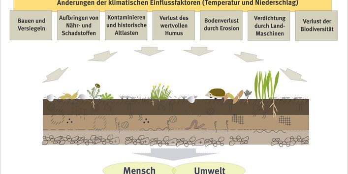 Schaubild zeigt die Belastungen des Bodens: Versiegelung, Nähr- und Schadstoffe, Altlasten, Verlust des Humus, Erosion und Verdichtung.