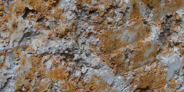 Detailfoto von gebleichten und rostfleckigen Bereichen im Bodenprofil