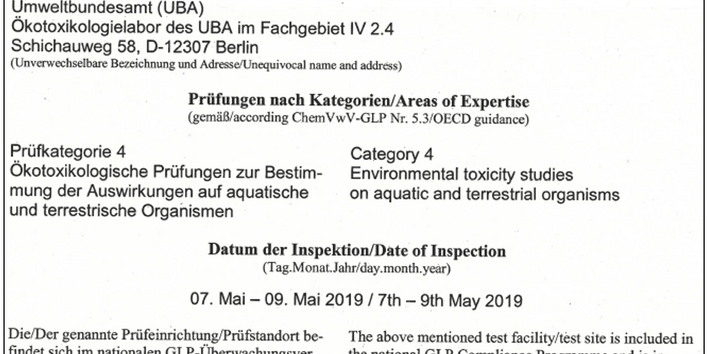GLP Bescheinigung für das Ökotoxikologielabor 2019