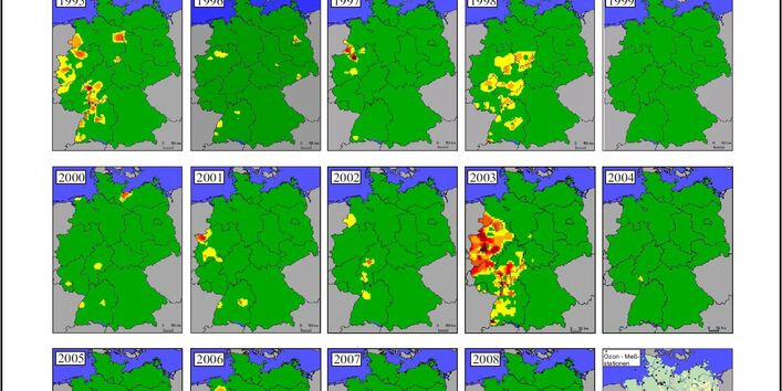 Historische Karten: Ozonüberschreitungen von 240 µg pro m3 1990-2008
