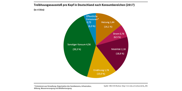 Größter Anteil mit 39,3 % macht der Sonstige Konsum aus, es folgen: 18,8% Mobilität, 15% Ernährung, 14,1% Heizung, 6,5% Strom, 6,3% Öffentliche Emissionen