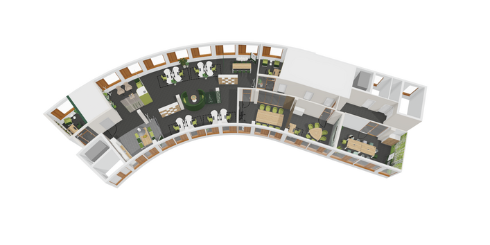 3D-Grundriss einer modernen Bürofläche mit offenen und geschlossenen Büros und Besprechungsräumen