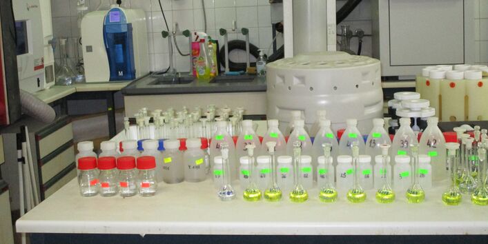 viele Glasgefäße mit Flüssigkeiten in einem Labor