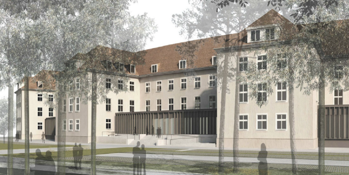 Computersimulation des Altbaus mit drei normalen Stockwerken und einem ausgebauten Dachgeschoss mit Gaubenfenstern.