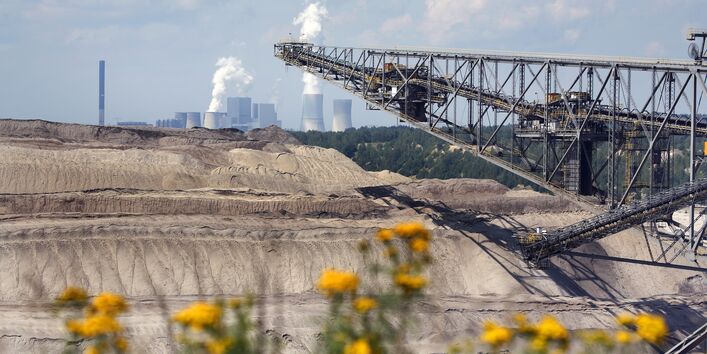Tagebau mit Förderanlage, im Hintergrund ein Kraftwerk, im Fordergrund gelb blühender Rainfarn