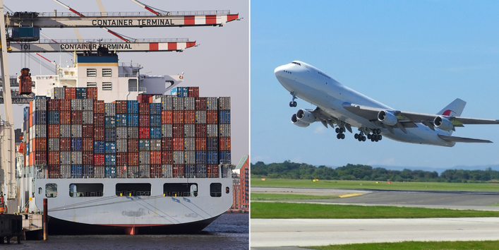 Containerschiff und Flugzeug