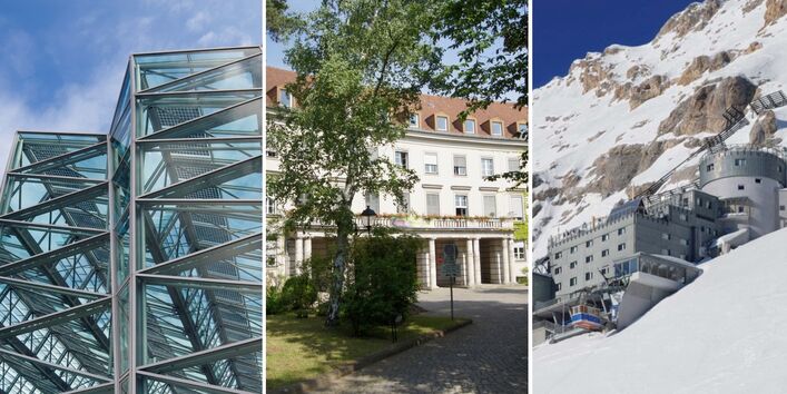 Collage of three buildings: modern glass building, historic building in green environment and mountain station on snow-covered slope