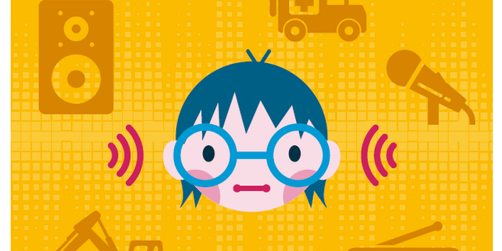 Cover mit Comiczeichnung eines Kinderkopfes mit Brille, der von lärmenden Gegenständen wie Krankenwagen, Radio oder Lautsprecher umgeben ist