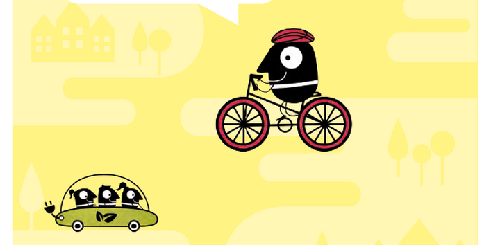 Titelseite des Leitfadens mit Piktogrammen: Menschen in einer Tram und in einem Elektroauto, Fahrradfahrer und Fußgängerin. Unten die Logos des Umweltbundesamtes und der EU