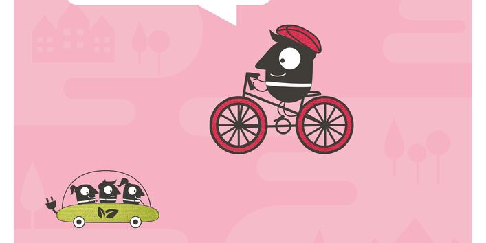 Titelseite der Broschüre "Europäische Mobilitätswoche: Leitfaden 2019 für Deutschland mit vielen Praxisbeispielen" mit Comic-Zeichnungen eines Fahrradfahrers, Fußgängers, einer Fahrgemeinschaft und einer Straßenbahn. Unten die Logos der EU und des Umweltbundesamtes.