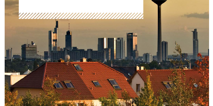 Titelseite der Broschüre "UMLANDSTADT umweltschonend – Nachhaltige Verflechtung von Wohnen, Arbeiten, Erholung und Mobilität" des Umweltbundesamtes, das Titelfoto zeigt den grünen Stadtrand der Stadt Frankfurt / Main