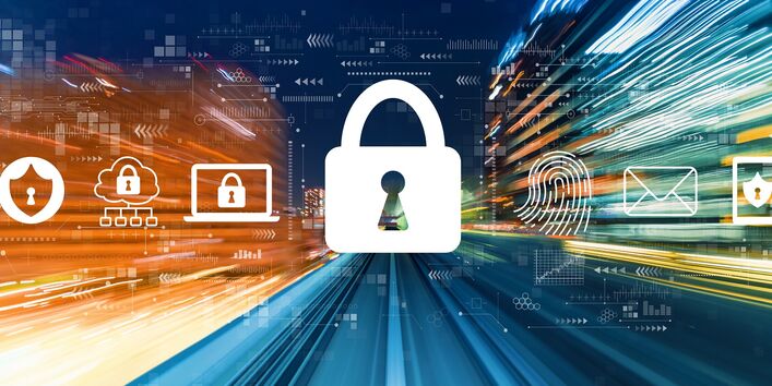 Icons zur Cybersicherheit, wie Vorhängeschloss, Virenschutzschild und Fingerabdruck