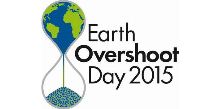 Logo Earth Overshoot Day 2015 mit einem Piktogramm einer Sanduhr. Im oberen Glasbehälter ist die blau-grüne Erde zu sehen, sie zerrinnt und läuft nach unten in den zweiten Glasbehälter der Sanduhr.