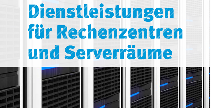 Titelseite der Broschüre "Leitfaden zur umweltfreundlichen öffentlichen Beschaffung: Produkte und Dienstleistungen für Rechenzentren und Serverräume" mit einem Hintergrundfoto von Serverschränken, unten das Logo des Umweltbundesamtes