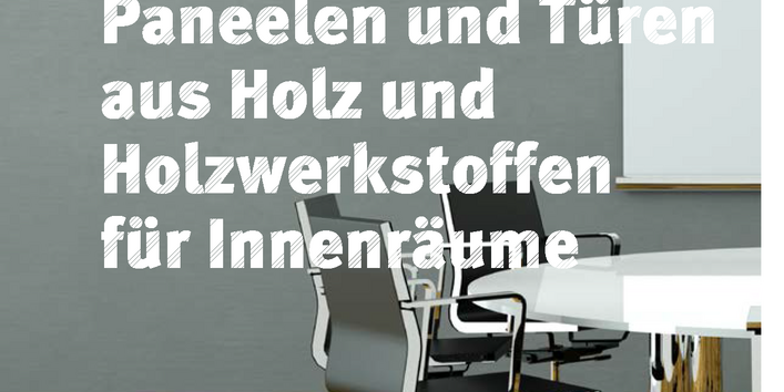 Cover der Broschüre "Leitfaden zur umweltfreundlichen öffentlichen Beschaffung von Bodenbelägen, Paneelen und Türen aus Holz und Holzwerkstoffen für Innenräume" mit einem Hintergrundfoto von einem Besprechungsraum mit Parkettboden, unten das Logo des UBA