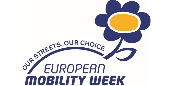 Logo mit Schriftzug "European Mobility Week: Our streets, our choice" und dem Piktogramm einer Blume