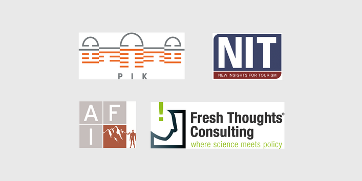 Logos der vier Organisationen Potsdam Institut für Klimafolgenforschung (PIK), Institut für Tourismus- und Bäderforschung in Nordeuropa GmbH (NIT), Alpenforschungsinstitut GmbH (AFI), Fresh-Thoughts-Consulting GmbH 