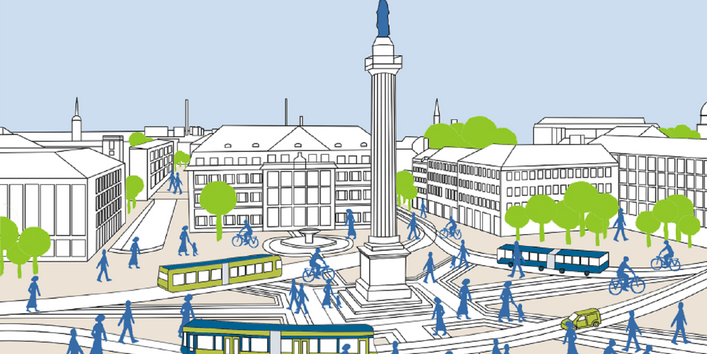 Zeichnung eines Stadtplatzes mit Straßenbahnen, Bussen, Fußgängern und Radfahrern