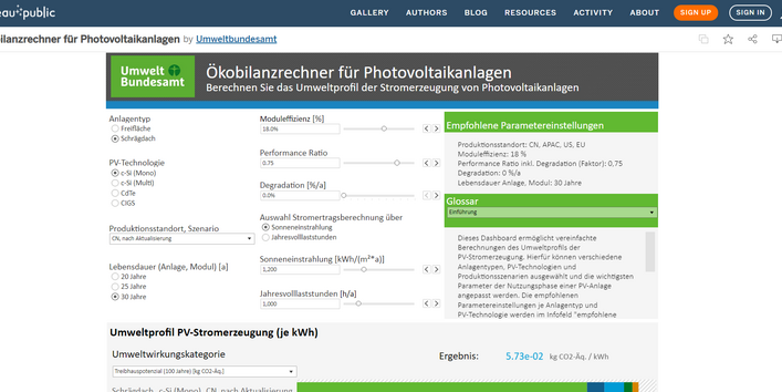 Screenshot der Startseite des Ökobilanzrechners für Photovoltaikanlagen