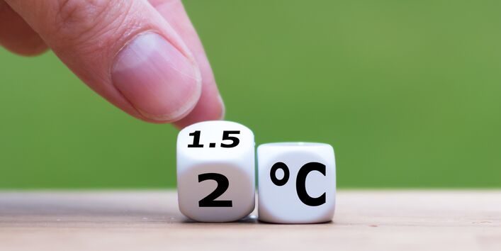 ein Finger kippt einen Würfel an, auf dem vorne eine 1.5 und unten eine 2 steht, daneben ein Würfel mit der Aufschrift °C