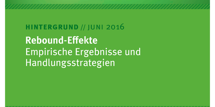 Cover des Hintergrundpapiers Rebound-Effekte: Empirische Ergebnisse und Handlungsstrategien" mit einem Bild einer leuchtenden Energiesparlampe, die an ihrer Fassung gegen eine Reihe ausgeschaltete Glühlampen schwingt