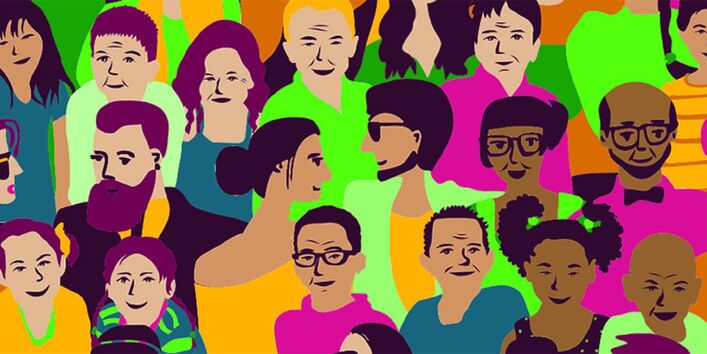 a colorful picture with many different faces