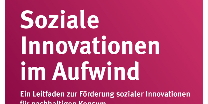 Cover der Broschüre "Soziale Innovationen im Aufwind", Titelbild: bunte Comic-Zeichnung von zwei Gesichtern, die einander zugewandt sind, und vielen Sprechblasen und Wolken, in denen Menschen, Briefumschläge, Handys, Einkaufswägen u.a. zu sehen sind