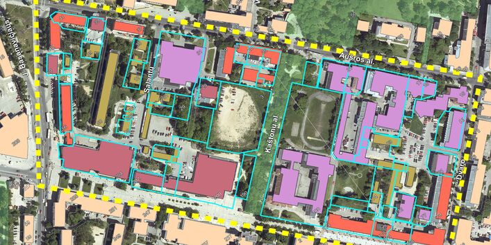 Luftbild eines Stadtquartiers, mit einem Computerprogramm wurden die Umrisse des Quartiers, der Straßen und der Gebäude nachgezeichnet