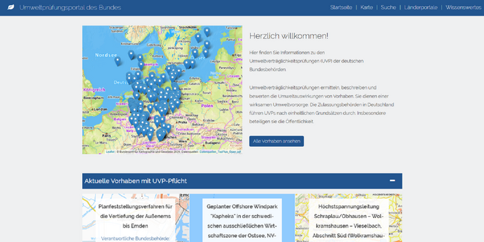 Startseite des UVP-Portals des Bundes mit einer Karte, auf der Pinnnadeln die Standorte aktueller Vorhaben anzeigen
