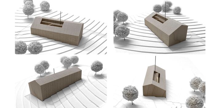 Das Modell zeigt ein asymmetrisches, zweigeschossiges, langgestrecktes Gebäude mit Satteldach an einem Hang