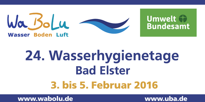 Banner mit der Aufschrift "24. Wasserhygienetage finden Bad Elster 3. bis 5. Februar 2016" und den Logos "Wa Bo Lu Wasser Boden Luft" und "Umweltbundesamt