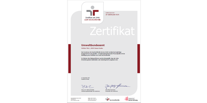 Zertifikat "Audit Beruf und Familie" für das Umweltbundesamt, ausgestellt 2024 von der berufundfamilie Service GmbH.